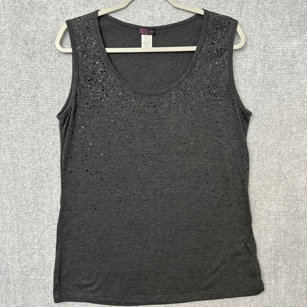 Agenda Tank Top Women's XL Gray Sequin Round Neck Sleeveless Y2k Shirt